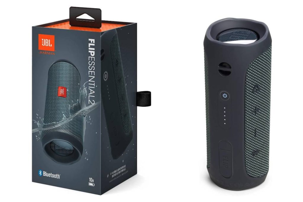 Vue packaging du JBL Essential Flip 2 et enceinte debout