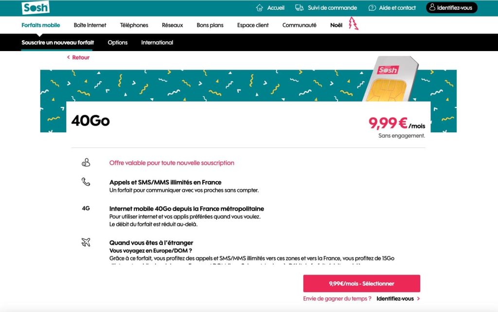 Le forfait Sosh 40 Go à 9,99 € / mois
