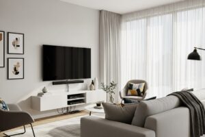 Salon design avec télévision accrochée au mur