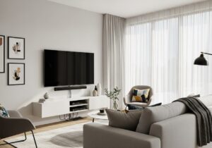 Salon design avec télévision accrochée au mur