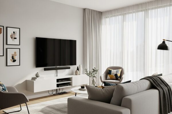 Salon design avec télévision accrochée au mur