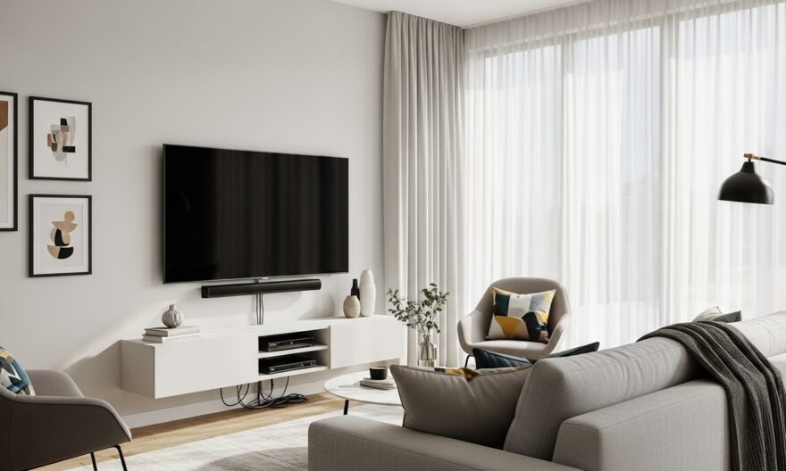 Salon design avec télévision accrochée au mur